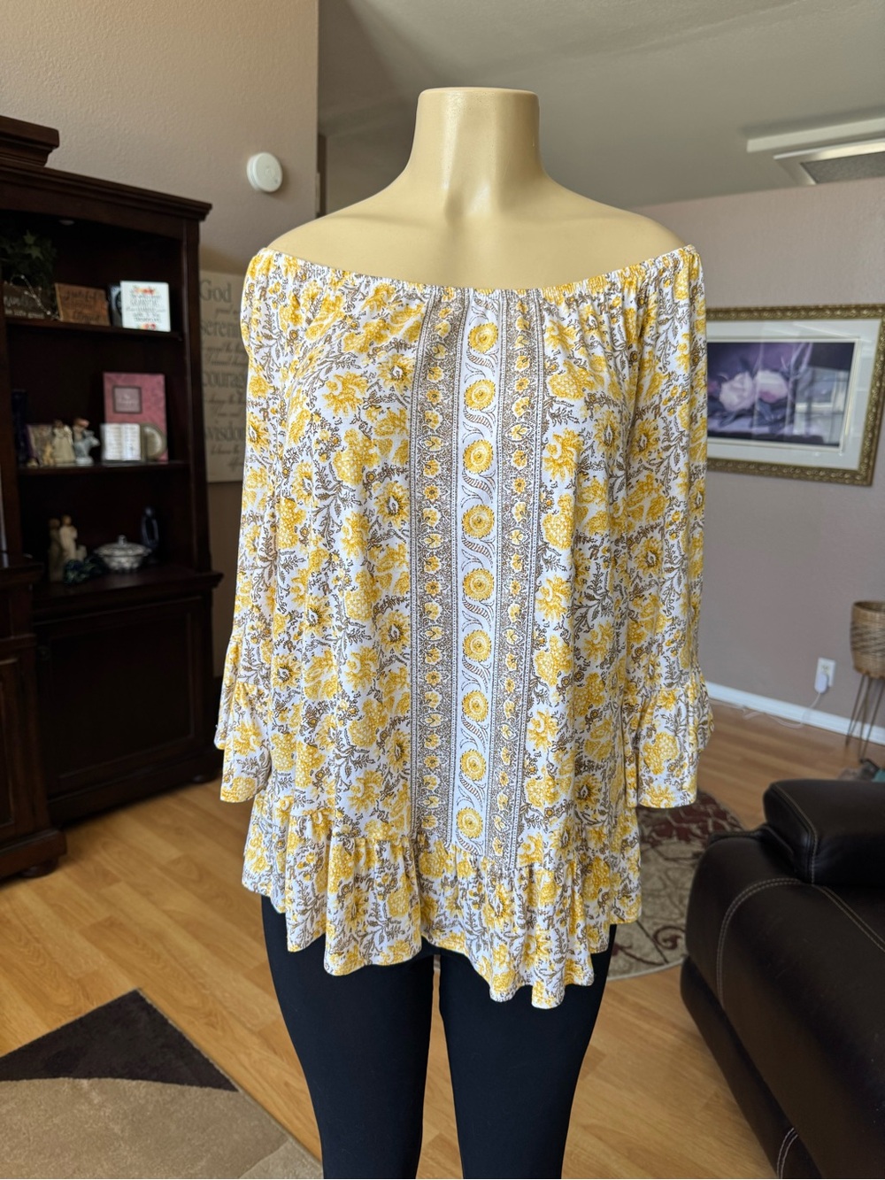 Style & Co yellow & white floral off shoulder 3/4 ruffled sleeves blouse-size L